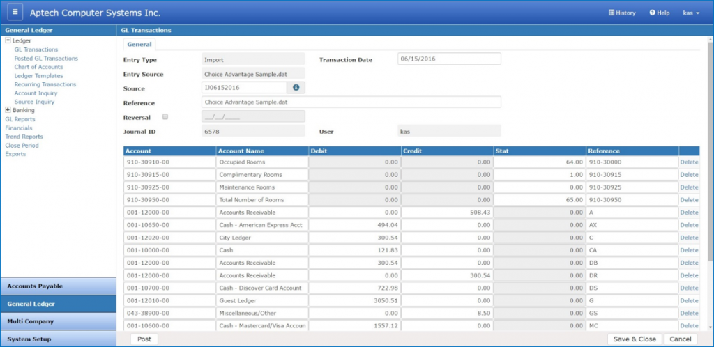 Aptech PVNG General Ledger Account Inquiry Screen